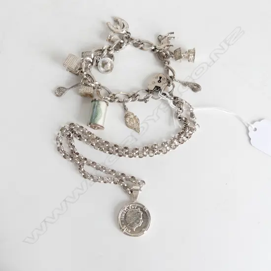 925 SILVER CHAIN w. COIN PENDANT + CHARM BRACELET 80 GM
