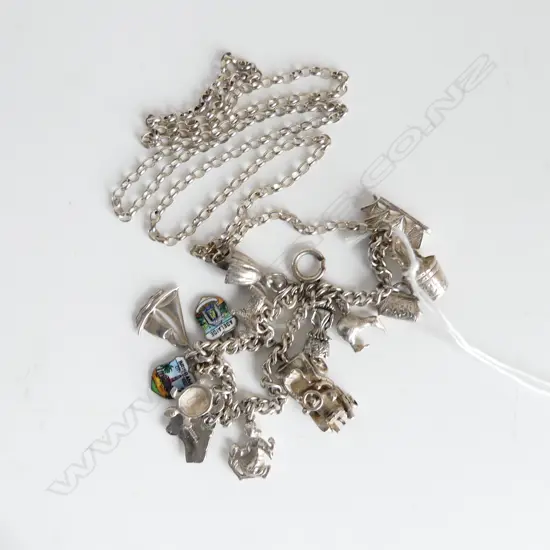 SILVER NECKLACE WITH 14 CHARMS, 53gm
