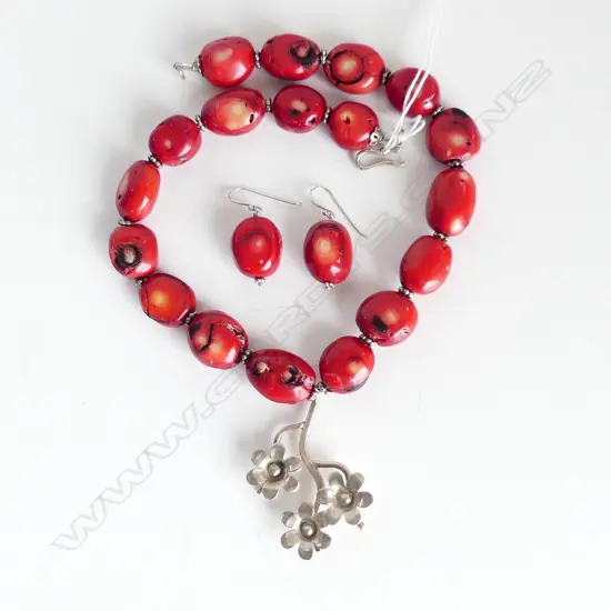 DYED RED CORAL NECKLACE AND EARRINGS - SILVER FITTINGS