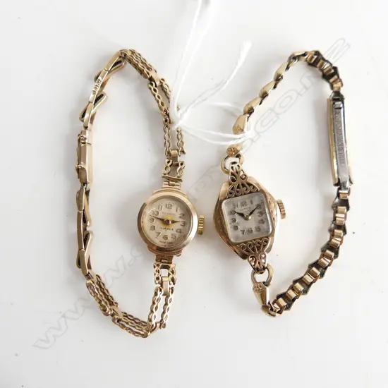 2 9CT VINTAGE WRIST WATCHES: both cases gold + 1 strap. 1 strap plated. Total  22.1 GRAMS