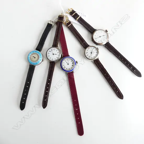 5 ANTIQUE EARLY 20thC WRIST WATCHES - ROUND FACES
