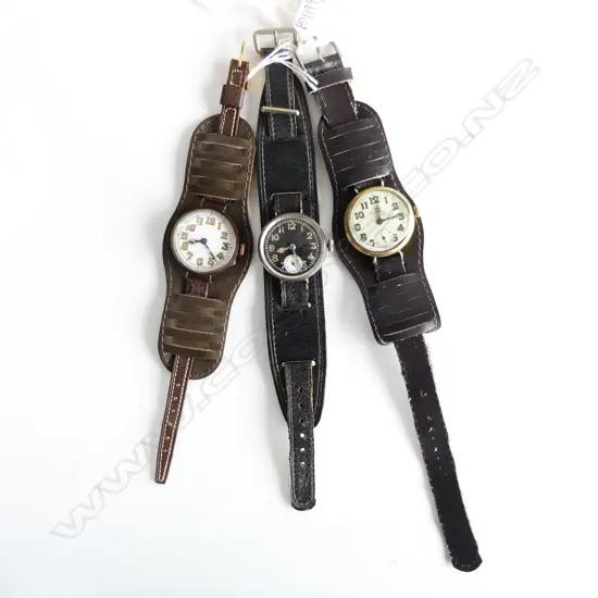 3 ANTIQUE WRIST WATCHES w. WIDE LEATHER STRAPS