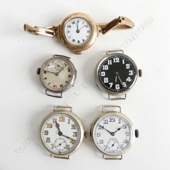 5 ANTIQUE EARLY 20thC WRIST WATCHES - ROUND FACES, SOME RUNNING