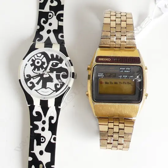 BLACK & WHITE SWATCH WATCH & SEIKO GOLD DIGITAL WATCH (FACE CRACKED)
