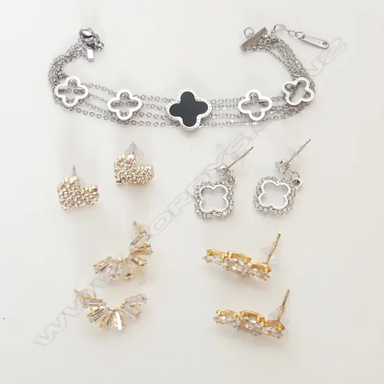 4 PRS SPARKLY FASHION EARRINGS, STUDS & SILVER TONE BRACELT W CLOVER MOTIFS