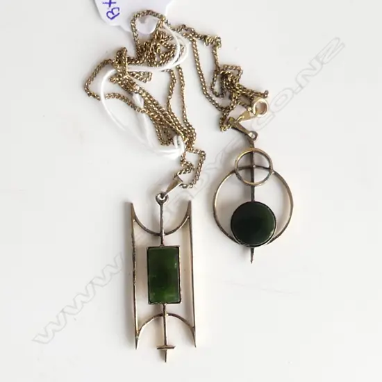 2 NZ SILVER & GREENSTONE ARTS & CRAFTS PENDANTS L50MM