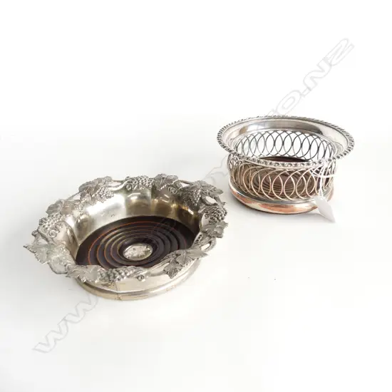 2 SILVER PLATE WINE COASTERS, 1 VINE LEAF DESIGN