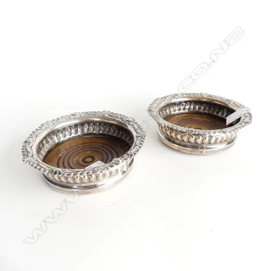 PAIR OLD SHEFFIELD PLATE ON COPPER WINE COASTERS HARWOOD BASES. 