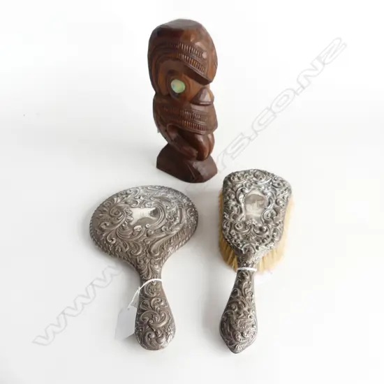 STERLING SILVER BRUSH & MIRROR SET + MAORI CARVED TIKI FIGURE H.220mm