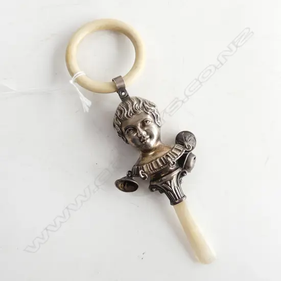 STG SILVER BABY RATTLE w. RING, MoP HANDLE & 3 BELLS B'HAM 1924 H.160mm 