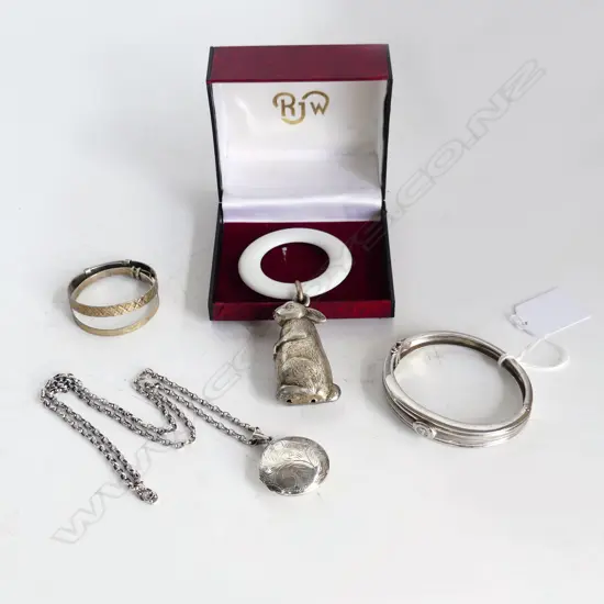 RABBIT BABY RATTLE + 4 PCES STG SILVER; 3 BANGLES & PENDANT NECKLACE 64 GRMS
