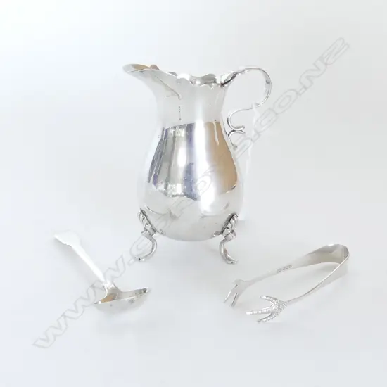 3 PCES STG SILVER; JUG B'HAM 1900, SUGAR NIPS SHEF. 1939, MUSTARD SPOON LONDON 1808 138 GRM
