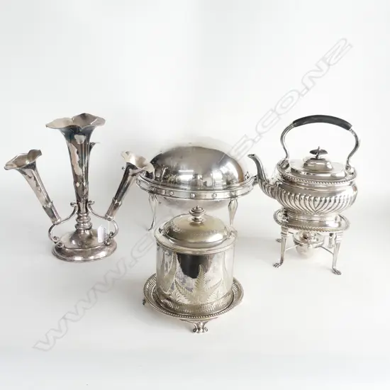 4 PCS VICTORIAN SILVER PLATE, AN EPERNE, BACON WARMER, SPIRIT KETTLE & BISCUIT BARREL