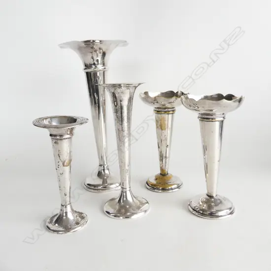 5 SILVER PLATED TULIP VASES, VARYING SIZES & CONDITION