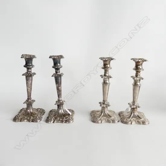 2 PRS SILVER PLATE ORNATE CANDLESTICKS. H.250mm