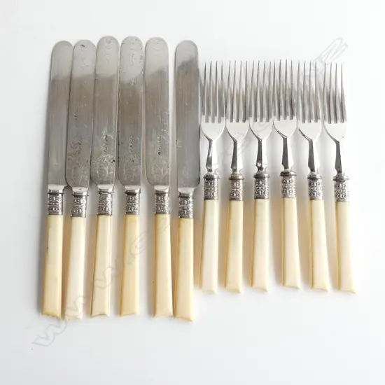 12 PIECE VICTORIAN IVORY & SILVER PLATE CUTLERY SET, 6 KNIVES & 6 FORKS, L.21CM