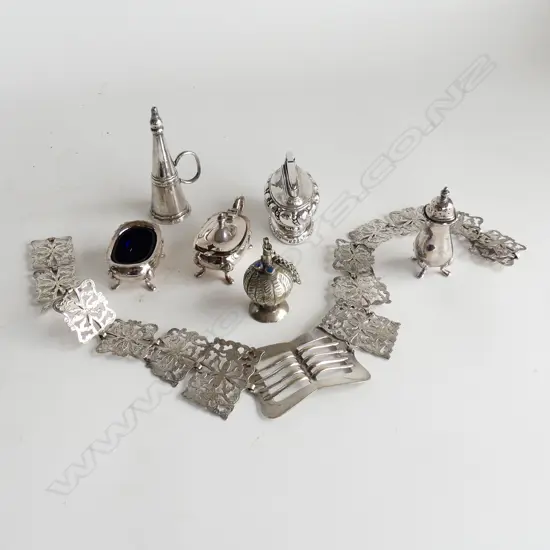 7 PCES EP; 3 PCE CRUET SET, TABLE LIGHTER, CANDLE SNUFF, PERFUME, NURSES BELT