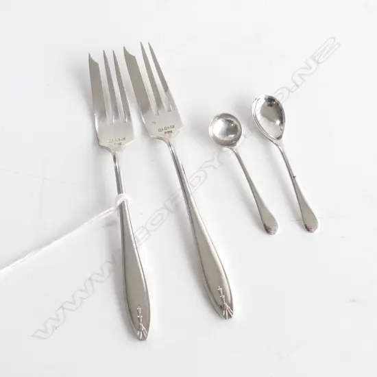 2 STG SILVER MUSTARD SPOONS +2 PICKLE FORKS