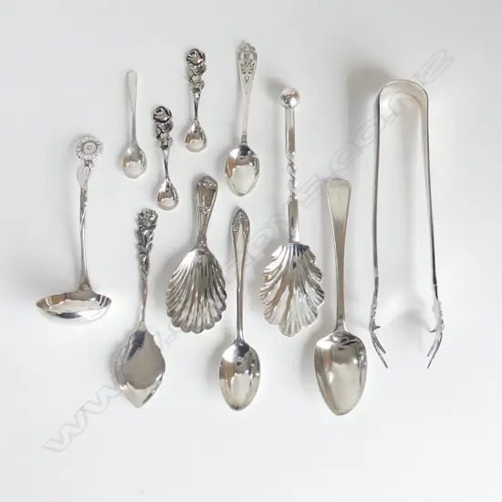 ASSTD SILVER AND SILVER PLATE SPOONS & ICE TONGS