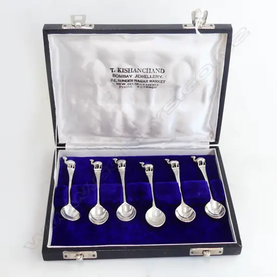 SET BOXED INDIAN SILVER? TEASPOONS, w CAMEL FINIALS