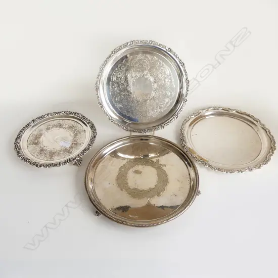 4 MED SILVER PLATE TRAYS, 2 W FEET