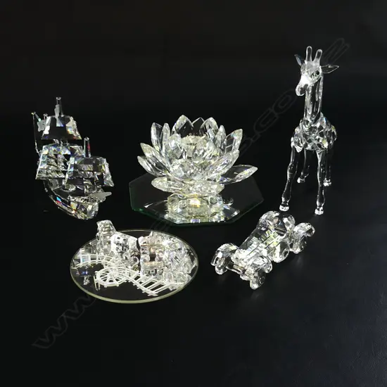 5 PCES SWAROVSKI CRYSTAL; LILY CANDLE HOLDER, SHIP, 5 PCE TRAIN, CAR, GIRAFFE - ALL IN ORIG. BOXES