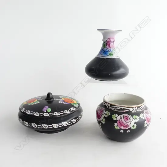 SHELLEY DAMSON LIDDED DISH 1925/SHELLEY ROSES MINI ROSEBOWL 1916/SHELLEY BLACK  GOTHIC VASE 1917