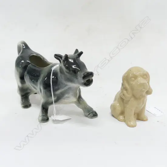 ROLAND GRUPP (Spring Creek Blenheim) NZ POTTERY DOG H90MM & COW CREAMER BY LONG LANDS FARM H120MM
