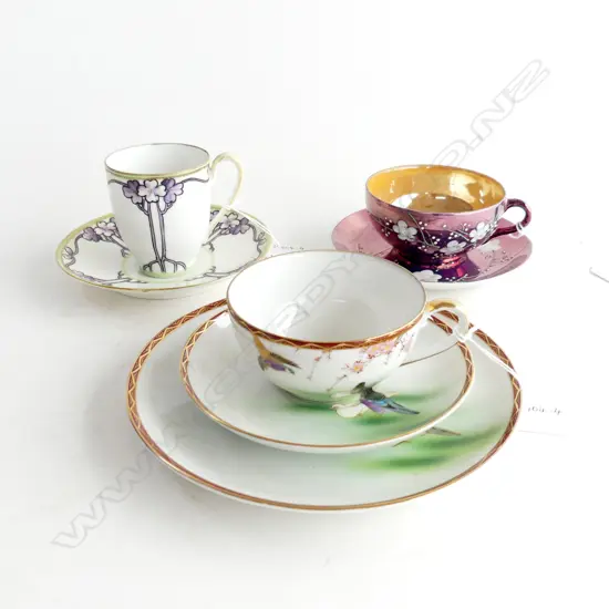 SOHO EGGSHELL TRIO GILDED/HANDPAINTED & CRANBERRY LUSTRE CUP/SAUCER & NIPPON HANDPAIND CUP/SAUCER 
