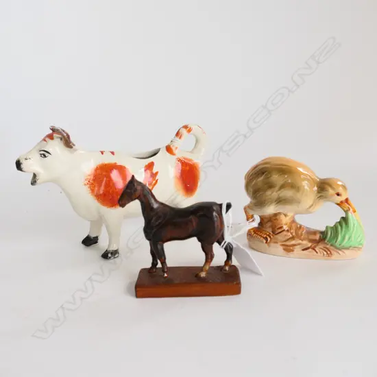 FOREIGN MADE CHINA KIWI OLD, OLD CREAMER + LITLE HANDCARVED WOODEN HORSE BY OLD KIWI BLOKE. 'C.A.CROCE' UNDERNEATH.