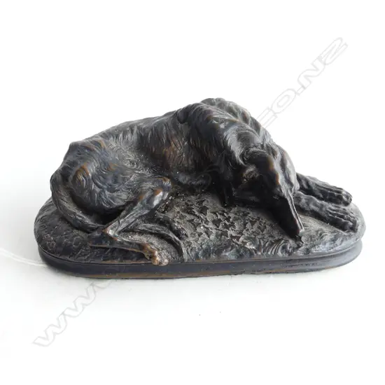 ANTIQUE BRONZE RECLINING DEERHOUND DOG w. CAST SIGNATURE 'GAYRARD LONDON 1848' W.140mm
