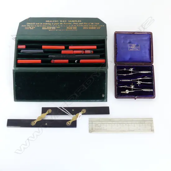 2 RULERS; IVORY, EBONY + SEALING WAX, 3 COMPASS BOX SET