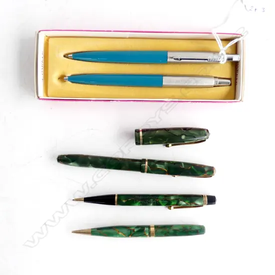 3 CONWAY STEWART PENS/PENCILS & CAP. & 2 PARKER PENS IN BOX