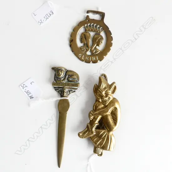 BRASS IMP THEMED DOOKNOCKER 'CHESTER IMP' LETTER OPENER + GEMINI HORSE BRASS. 