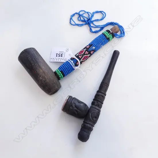 TWO OLD WOODEN PIPES, ONE CARVED & ONE WITH BEADED STEM, L.150 & 145MM  