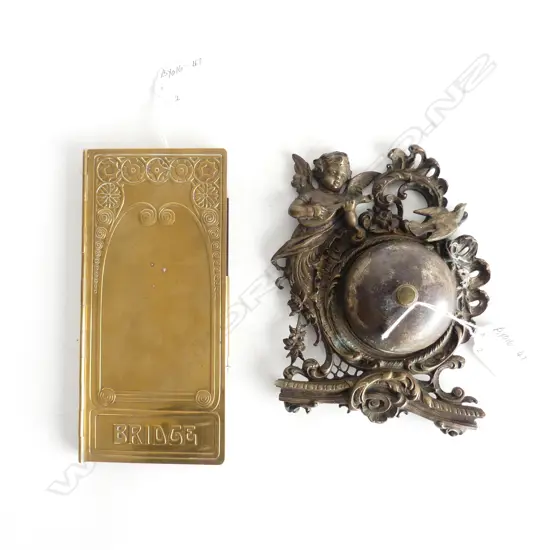 METAL WALL BELL w angel & dove (not working) & BRASS 'BRIDGE' CASE