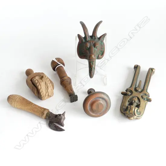 6 PCES; PASTRY STAMP & ROLLER, BULLY BEEF CAN OPENER, 2 BRASS DOOR KNOCKERS: GOATS HEAD, OTHER