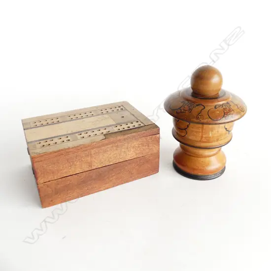 UNUSUAL WOODEN BALL GAME TURNED WOOD + SMALL FOLDING OLD CHECKERS SET. 