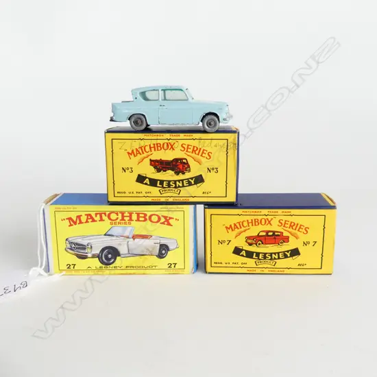 THREE BOXED MATCHBOX CARS, TWO FROM 1961 ANGLIA&BEDFORD TRUCK + C1965 E4 FLAP 27 MERCEDES 230SL