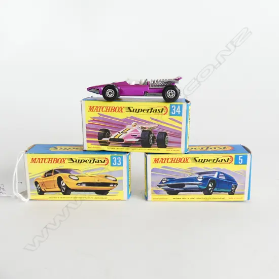THREE BOXED MATCHBOX CARS, SUPERFAST POST 1969, FORMULA 1  34 LAMBORGHINI 33 LOTUS NO 5 