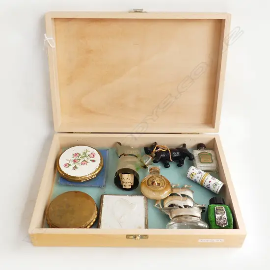 SMALL WOODEN BOX W290MM & CONTENTS VINTAGE BOTTLES & CONTENTS