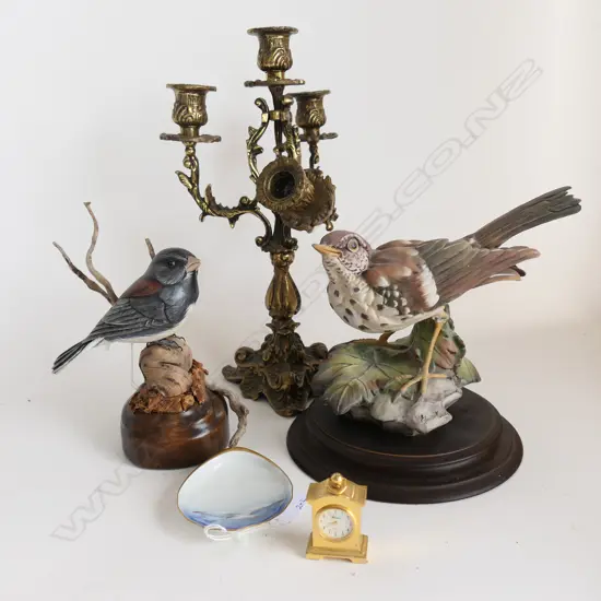 2 BIRDS; WOODEN & EDOARDO TASCA, B&G DISH, BRASS CANDLEABRA AF  AND MINATURE CLOCKH.300mm