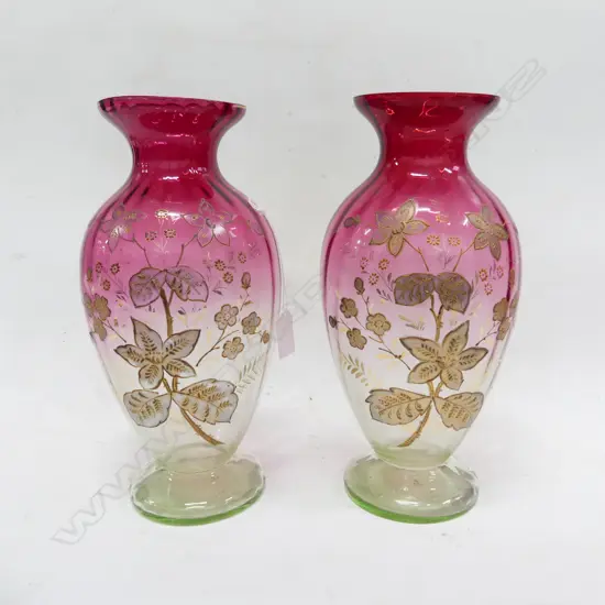 PR VICT CRANBERRY GLASS VASES GILT FLORAL DECORATION H290MM