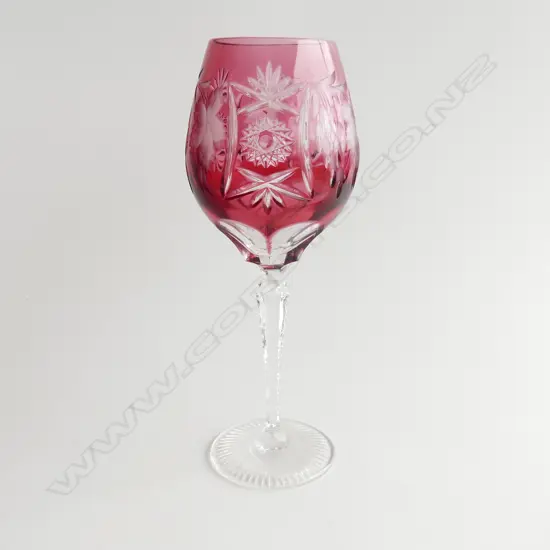 OVERSIZED CUT CRYSTAL CRANBERRY WINE GOBLET. WITH GRAPE DECORATION. H. 28CM