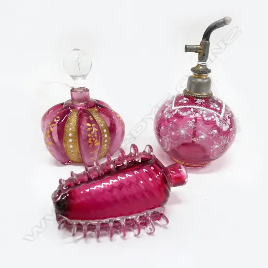 3 CRANBERRY GLASS PERFUME BOTTLES TALLEST 120MM