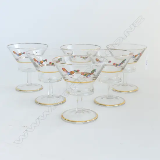 SET OF 6 1950’S COCKTAIL GLASSES, WITH HAND PAINTED FIGHTING COCKS DECORATION