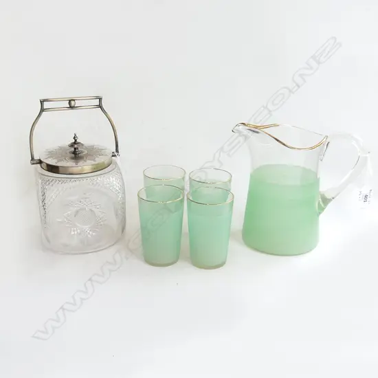 DECO GREEN FROSTED WATER JUG + 4 GLASS + VICTORIAN CUT CRYSTAL BISCUIT BARREL
