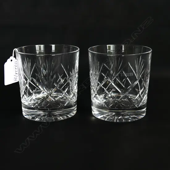 PAIR OF CUT CRYSTAL DOUBLE OLD FASHIONED WHISKY TUMBLERS BUHLET, H. 82MM