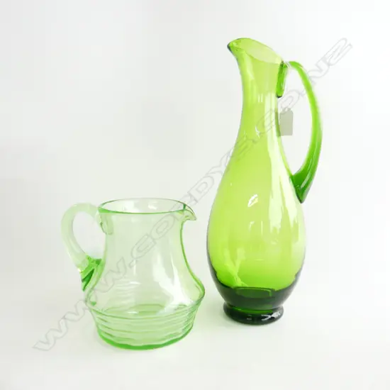 2 VINTAGE GREEN URANIUM GLASS PITCHERS