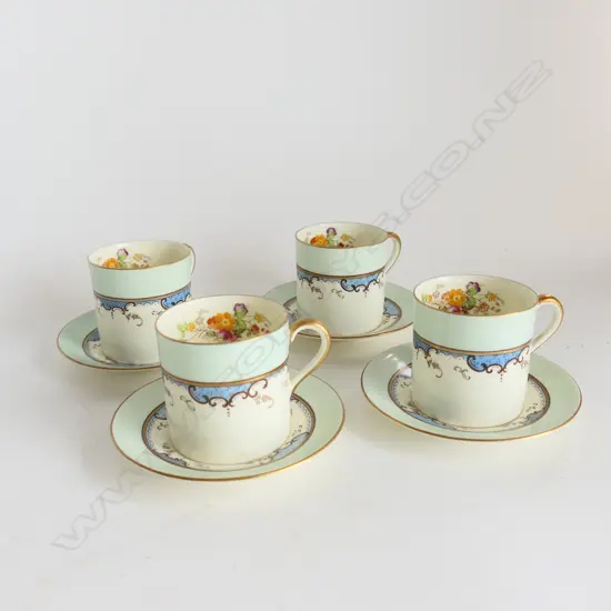 SET 4 ROYAL DOULTON CHINA DEMITASSE CUPS, BLUE 7 GOLD SCROLLING, 'CELIA' PATTERN